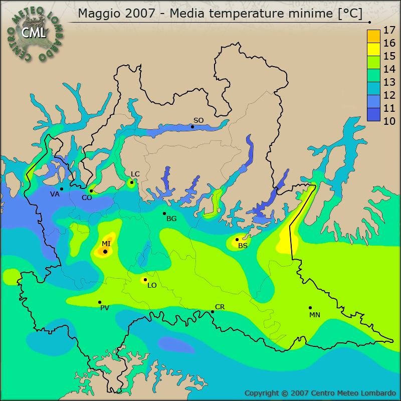 Maggio 2007 - Media temperature minime [°C]