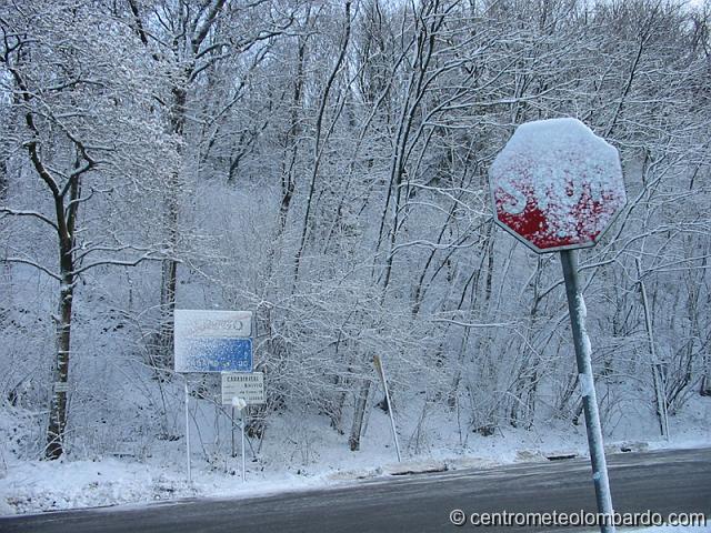 11.jpg - Perego (LC), ore 16.30.Nonostante siano passate più di 12 ore dalla fine della nevicata, la neve è ancora attaccata ai cartelli stradali. Accumulo 5 cm. Foto di Giovanni Zardoni.